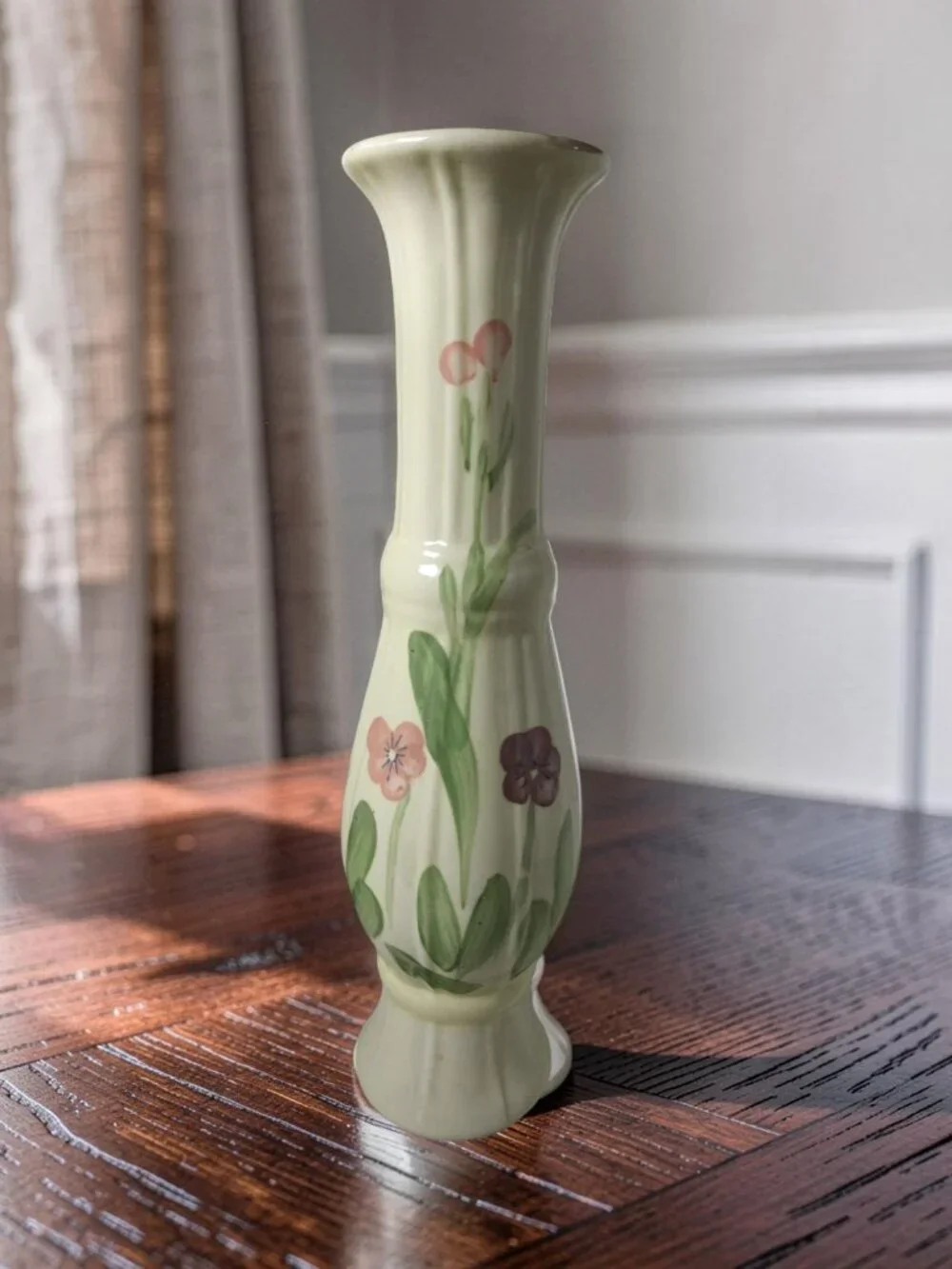Vintage 1981 FTDA Ivory Ceramic Slender Tall Hand Painted Floral Motif Vase
